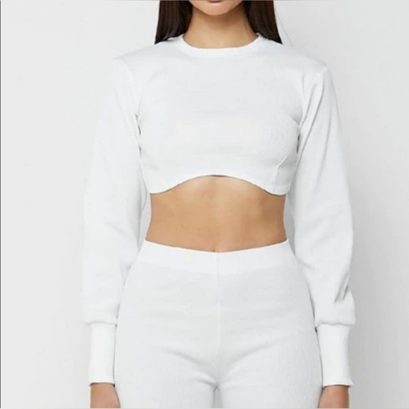 Maniere De Voir Ribbed Underbust Crop Top Size 16 White Long Sleeve Pullover - Picture 1 of 12
